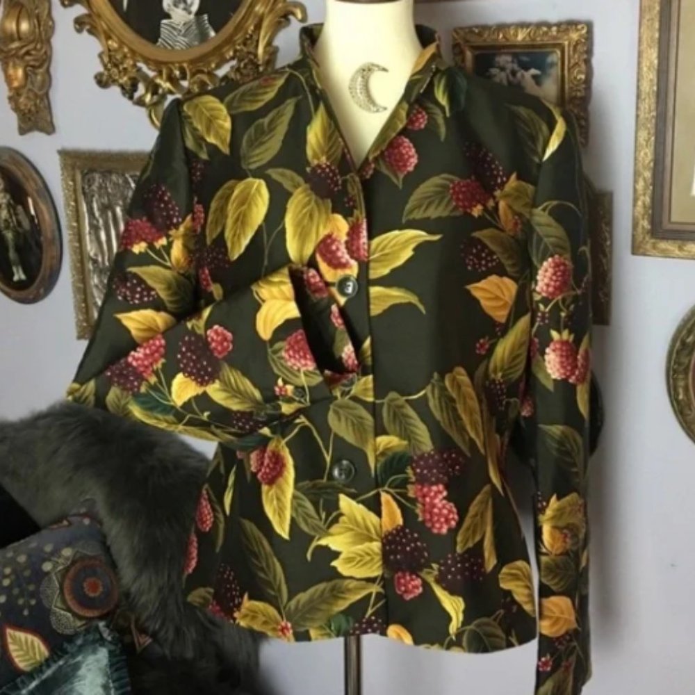 Linda Allard Ellen Tracy Silk Wool Berries & Fauna Jacket 16